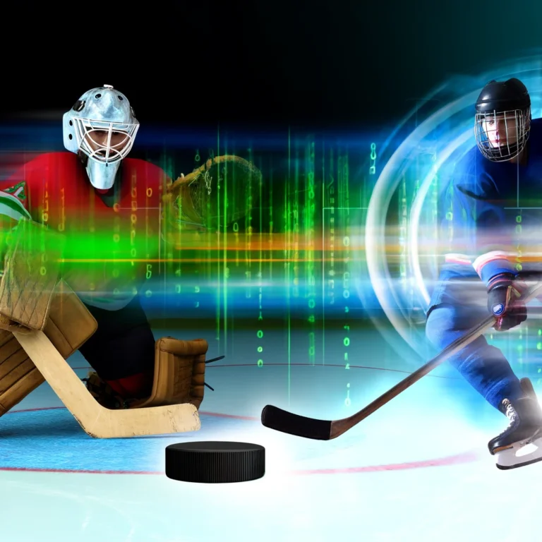 The image artistically represents a dynamic hockey scene with digital elements symbolizing the integration of machine learning and sports analytics. You can view and use the image above for your publication.