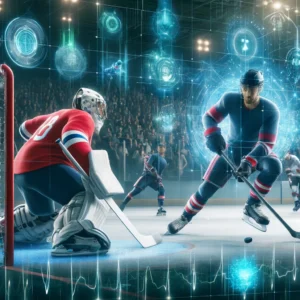 imagevisually represents a high-tech sports environment with a hockey goalie and a forward player, surrounded by futuristic displays showing real-time biometric data, emphasizing the integration of AI technology in sports.